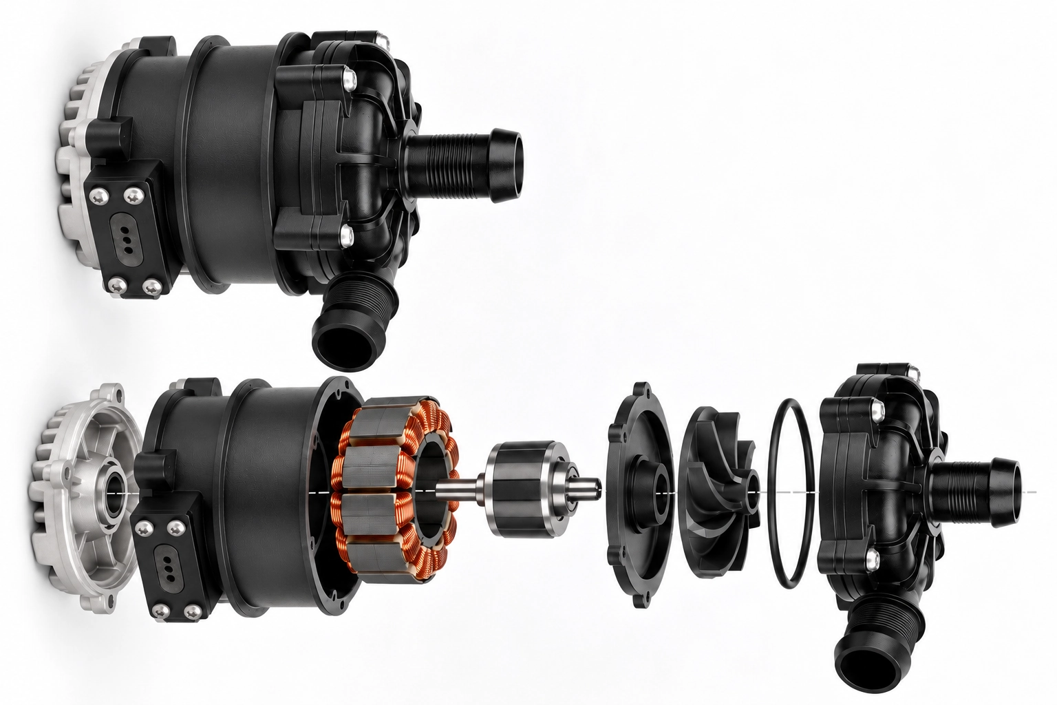 Custom Motor 2 pump assembly shown assembled and in an exploded view
