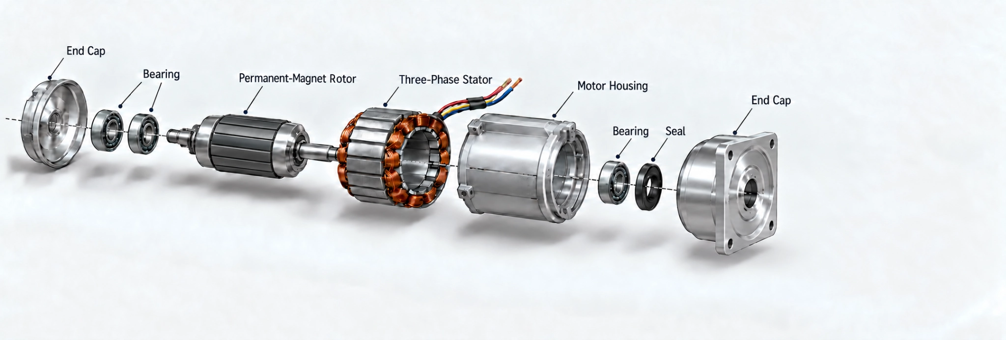 Illustrative exploded custom HVAC motor