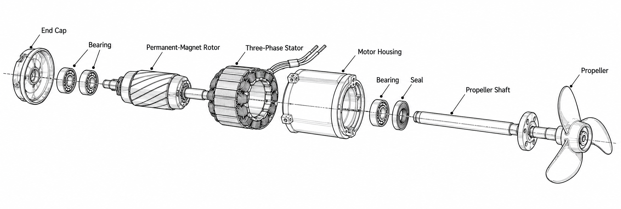 Illustrative exploded brushless trolling motor and propeller